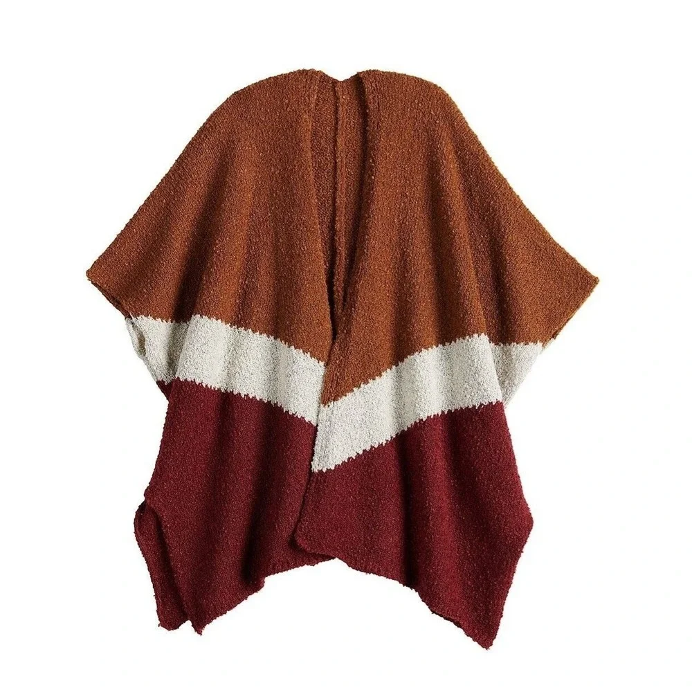 Sonoma Goods For Life Womens OS Colorblock Chevron Poncho‎ Wrap Berry Brown New